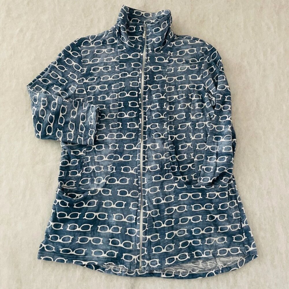 Zenergy By Chico's Womens Blue Sunglass Print Full Zip Jacket Size 1 US Medium